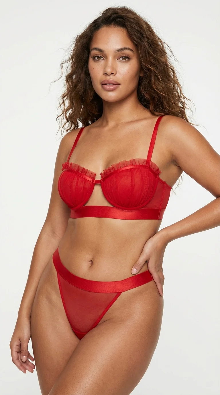 LunaIntim Kırmızı Tül Fırfırlı Sütyen Takımı Saten Detaylı ve Pencereli Modern Set - Genel Görünüm